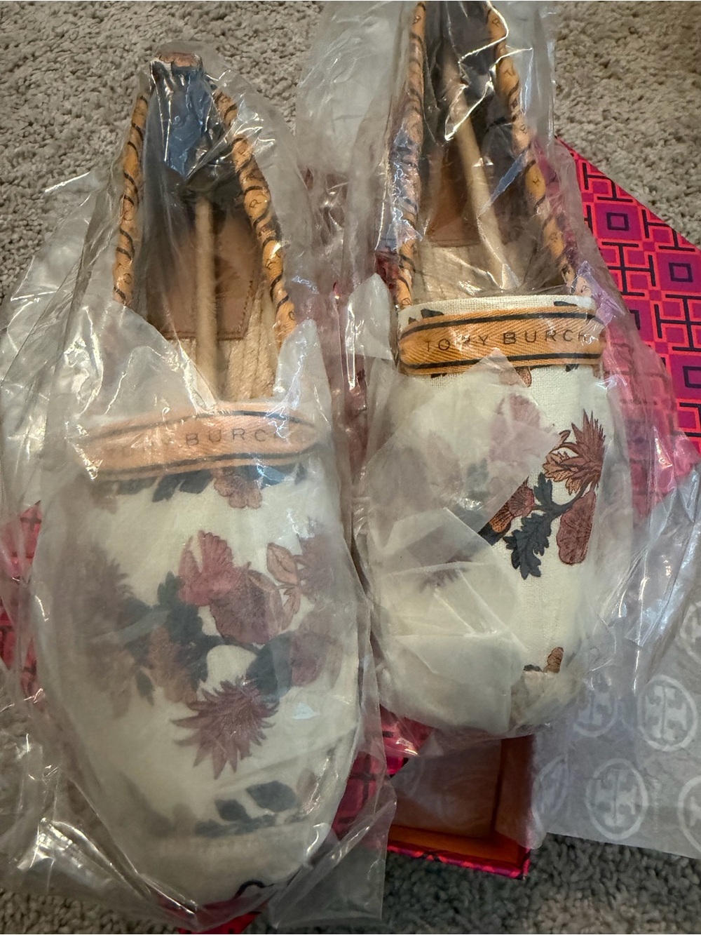 Tory Burch Cream Floral Canvas Slip-On Espadrilles with Rust & Sage Accents